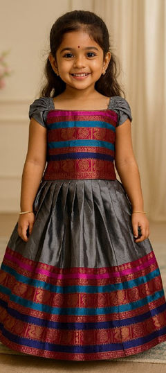 Black and Grey color Kids Lehenga in Litchi Silk fabric with Weaving work