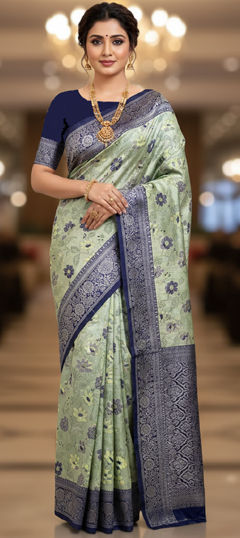 Green color Saree in Tissue fabric with Zari work