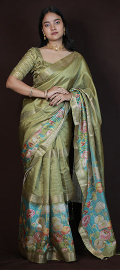 Yellow color Saree in Blended Cotton fabric with Printed work