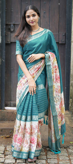 Green color Saree in Blended Cotton fabric with Floral, Printed work