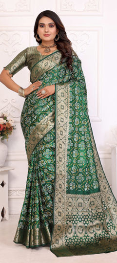 Green color Saree in Satin Silk fabric with Bandhej work