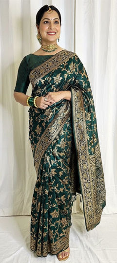 Green color Saree in Litchi Silk fabric with Weaving work