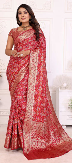 Red and Maroon color Saree in Satin Silk fabric with Bandhej work
