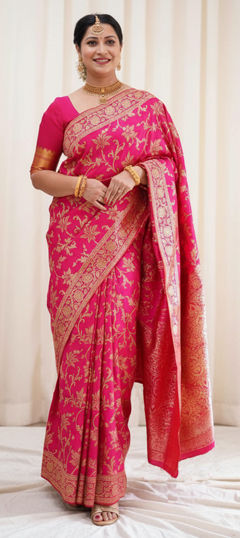 Pink and Majenta color Saree in Litchi Silk fabric with Weaving work