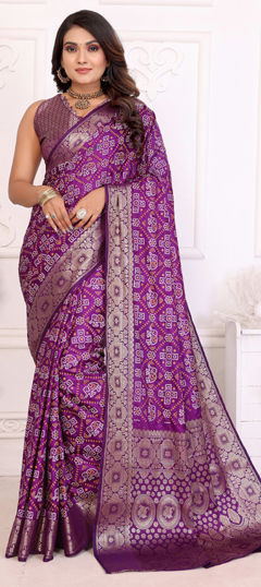 Purple and Violet color Saree in Satin Silk fabric with Bandhej work