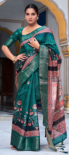 Blue color Saree in Blended, Silk fabric with Printed work