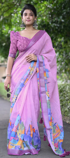 Pink and Majenta color Saree in Blended Cotton fabric with Printed work