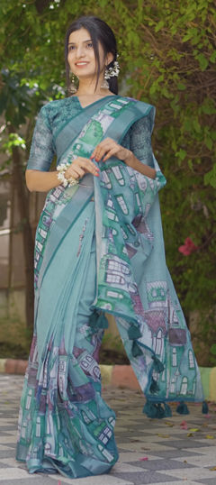 Blue color Saree in Blended Cotton fabric with Printed work