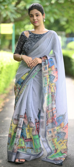 Black and Grey color Saree in Blended Cotton fabric with Printed work