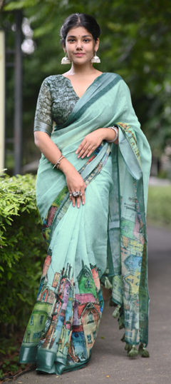 Blue color Saree in Blended Cotton fabric with Printed work