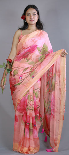 Pink and Majenta color Saree in Chiffon fabric with Floral, Mirror, Printed, Thread work