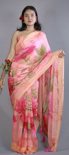 Pink and Majenta color Saree in Chiffon fabric with Floral, Printed work