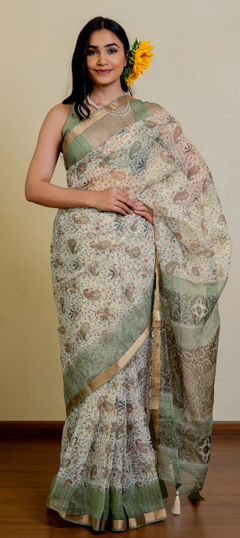 Beige and Brown color Saree in Polyester Silk fabric with Floral, Printed work