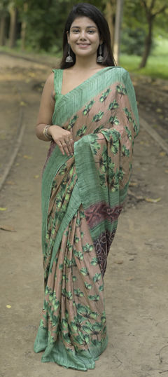 Beige and Brown color Saree in Chiffon fabric with Floral, Printed work