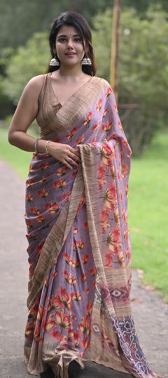 Purple and Violet color Saree in Chiffon fabric with Floral, Printed work
