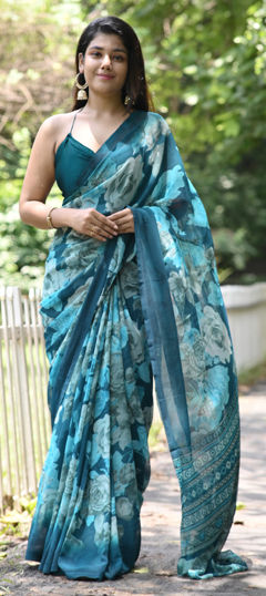 Blue color Saree in Chiffon fabric with Floral, Printed work