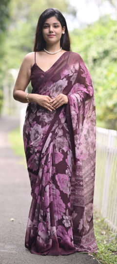 Purple and Violet color Saree in Chiffon fabric with Floral, Printed work