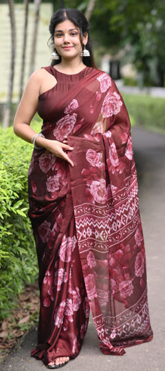 Red and Maroon color Saree in Chiffon fabric with Floral, Printed work