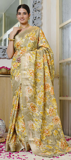 Green color Saree in Blended, Silk fabric with Floral, Printed work