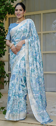 Blue color Saree in Blended, Silk fabric with Floral, Printed work