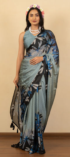 Black and Grey color Saree in Chiffon fabric with Floral, Printed work