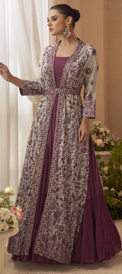 Purple and Violet color Gown in Chinon Silk fabric with Embroidered work