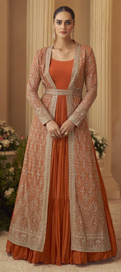 Beige and Brown color Gown in Chinon Silk fabric with Embroidered work