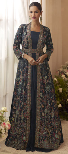Blue color Gown in Chinon Silk fabric with Embroidered work