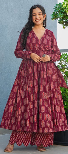 Red and Maroon color Salwar Kameez in Rayon fabric with Digital Print work