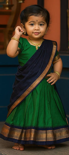 Green color Kids Lehenga in Litchi Silk fabric with Weaving work