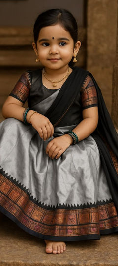 White and Off White color Kids Lehenga in Litchi Silk fabric with Weaving work