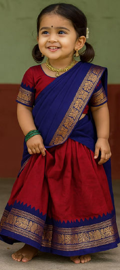 Red and Maroon color Kids Lehenga in Litchi Silk fabric with Weaving work