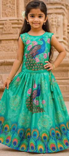 Blue color Kids Lehenga in Chinon Silk fabric with Digital Print work