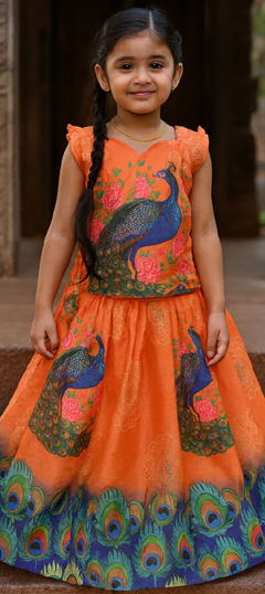 Orange color Kids Lehenga in Chinon Silk fabric with Digital Print work