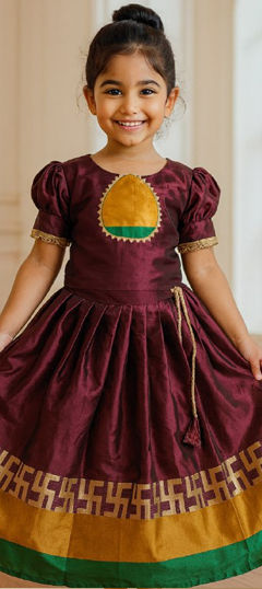 Red and Maroon color Kids Lehenga in Litchi Silk fabric with Weaving work