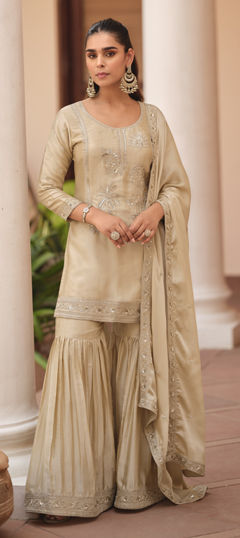 Beige and Brown color Salwar Kameez in Satin Silk fabric with Embroidered work
