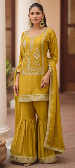 Yellow color Salwar Kameez in Satin Silk fabric with Embroidered work
