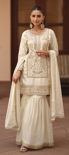 White and Off White color Salwar Kameez in Satin Silk fabric with Embroidered work