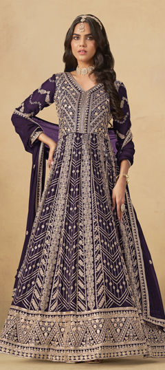 Purple and Violet color Salwar Kameez in Faux Georgette fabric with Embroidered, Thread, Zari work