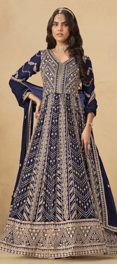 Blue color Salwar Kameez in Faux Georgette fabric with Embroidered, Thread, Zari work