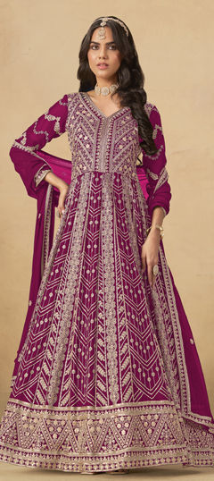 Pink and Majenta color Salwar Kameez in Faux Georgette fabric with Embroidered, Thread, Zari work