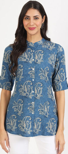 Blue color Tops and Shirts in Rayon, Viscose fabric with Printed work