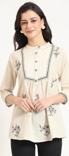 Beige and Brown color Tops and Shirts in Cotton fabric with Printed work