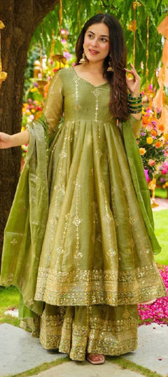 Green color Salwar Kameez in Crushed Silk fabric with Embroidered, Sequence work