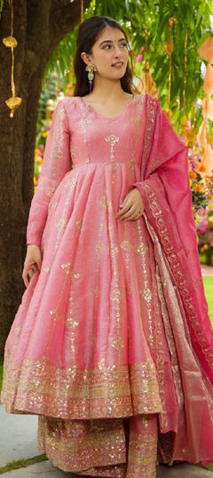 Pink and Majenta color Salwar Kameez in Crushed Silk fabric with Embroidered, Sequence work