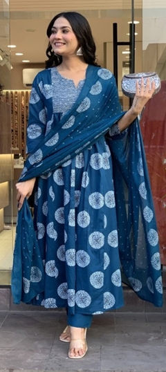 Blue color Salwar Kameez in Rayon fabric with Embroidered, Printed work