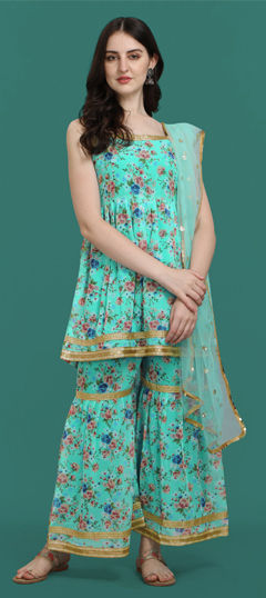 Blue color Salwar Kameez in Faux Georgette fabric with Embroidered, Floral, Printed work