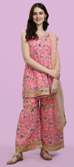Pink and Majenta color Salwar Kameez in Faux Georgette fabric with Embroidered, Floral, Printed work