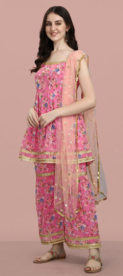 Pink and Majenta color Salwar Kameez in Faux Georgette fabric with Embroidered, Floral, Printed work