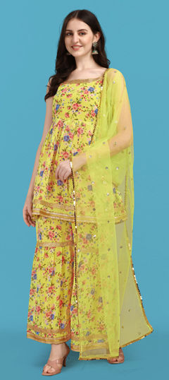 Yellow color Salwar Kameez in Faux Georgette fabric with Embroidered, Floral, Printed work